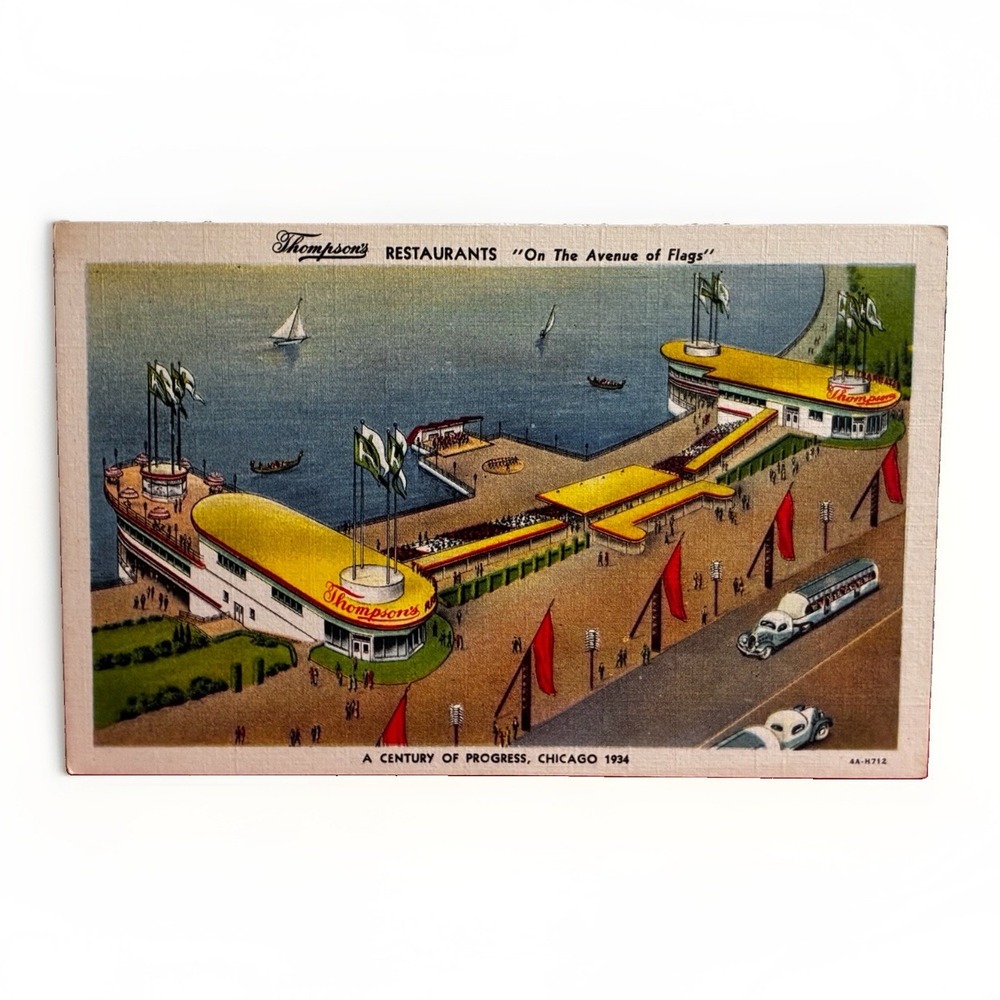 Curt Teich 1934 Chicago Worlds Fair Postcard Thompsons Restaurants Avenue Flags